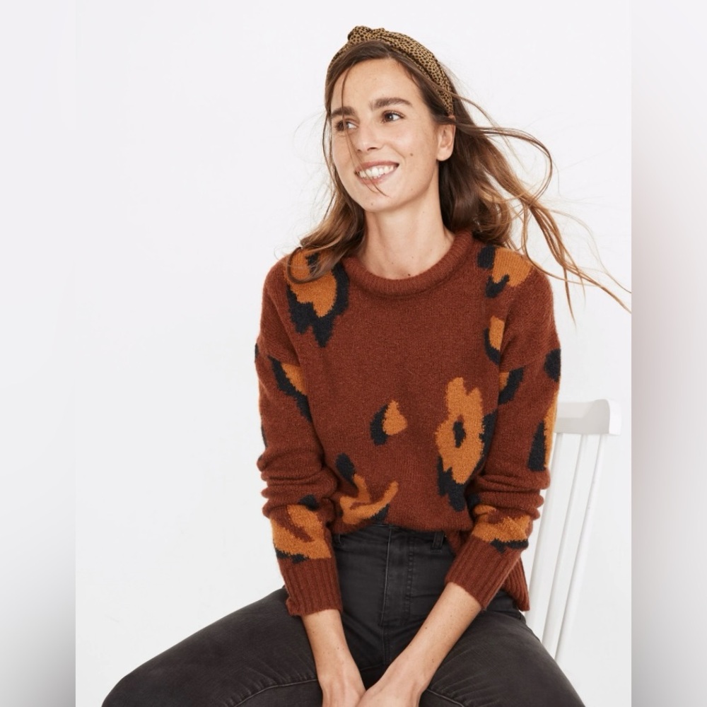 Madewell 🟣 Size Small GUC Leopard Intarsia Fulton Pullover Sweater